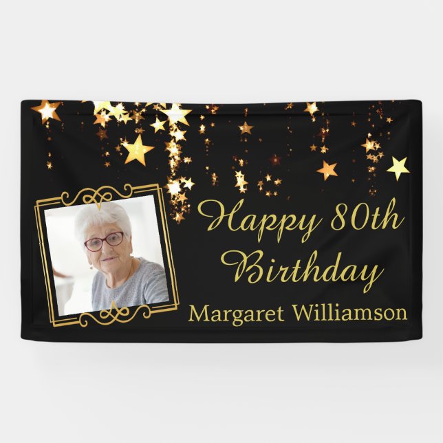 80th Birthday Script Black Gold Stars Photo Name Banner (Horizontal)