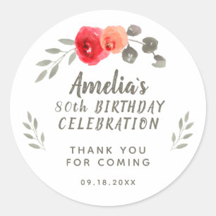80th Birthday Script Watercolor Floral Thank you Classic Round Sticker