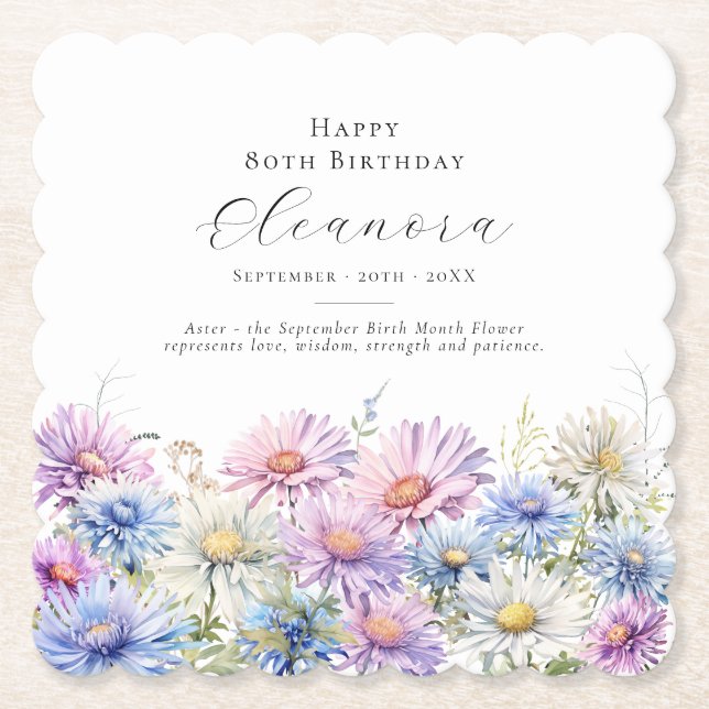 80th Birthday September Birth Flower Custom Paper Coaster (Front)