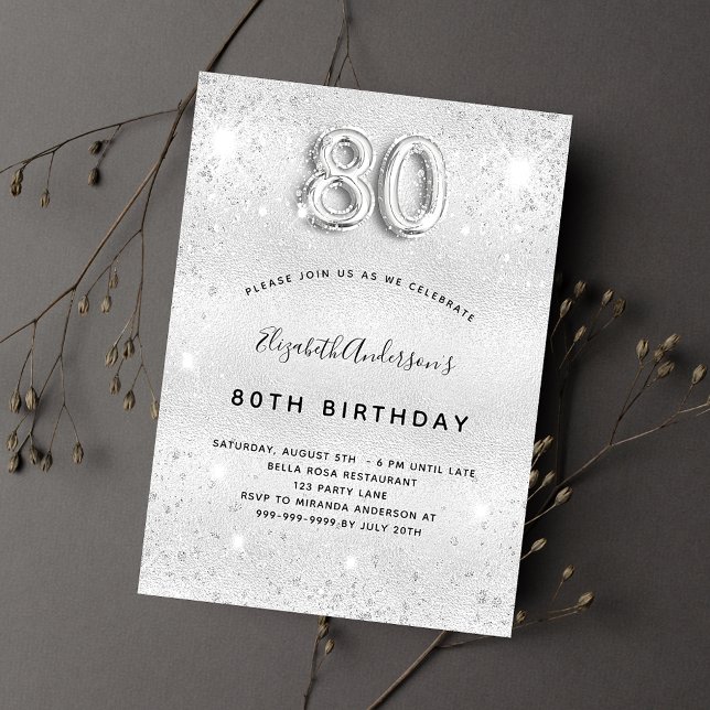80th birthday silve glitter sparkles glamourous invitation (Creator Uploaded)