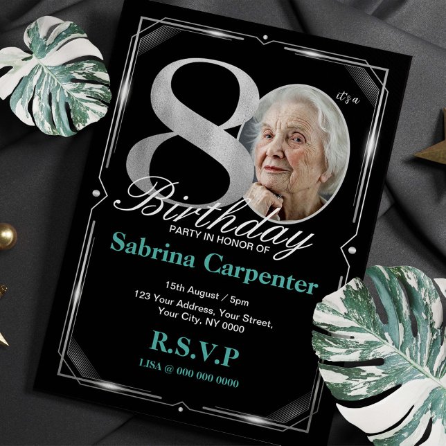 80th Birthday Silver and Black Invitation (Creator Uploaded)