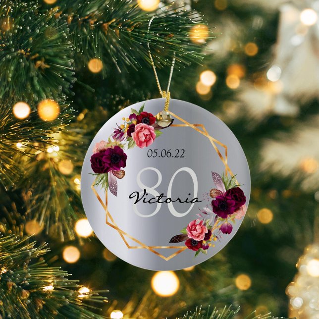 80th birthday silver florals geometric burgundy ceramic ornament (Creator Uploaded)