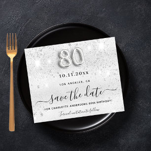 80th birthday silver glitter budget save the date flyer
