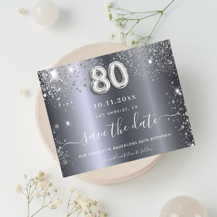 80th birthday silver glitter budget save the date flyer