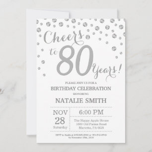 80th Birthday Silver Glitter Diamond Invitation
