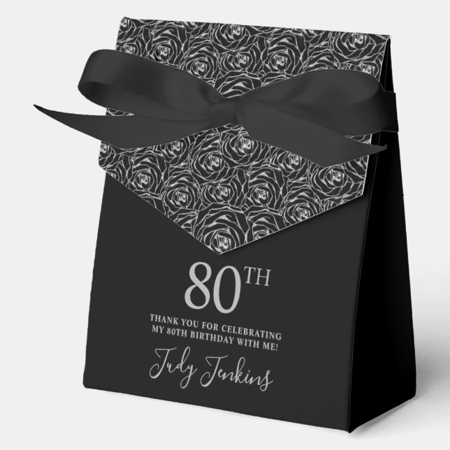 80th Birthday Silver Glitter Roses Thank You  Favour Box (Front)