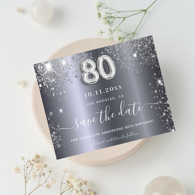 80th birthday silver glitter save the date card (Creator Uploaded)