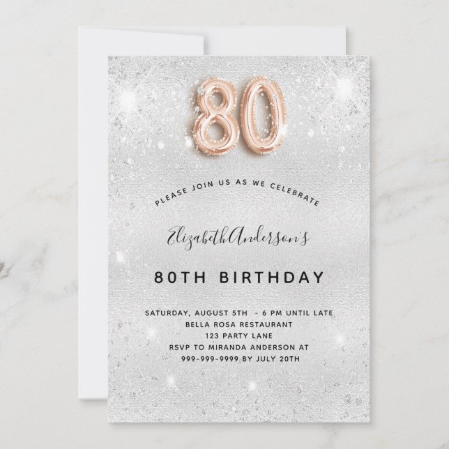 80th birthday silver metal rose gold glitter invitation (Front)