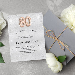 80th birthday silver metal rose gold glitter invitation postcard