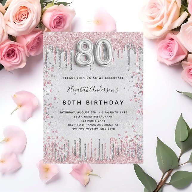 80th birthday silver pink metal glitter dust invitation postcard (Creator Uploaded)