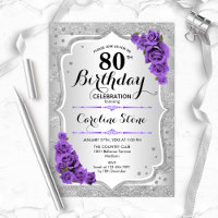 80th Birthday - Silver Stripes Purple Roses