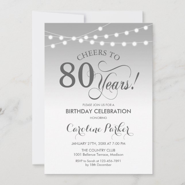 80th Birthday - Silver White Invitation (Front)