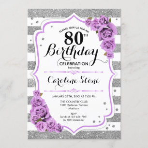 80th Birthday - Silver White Stripes Purple Roses Invitation