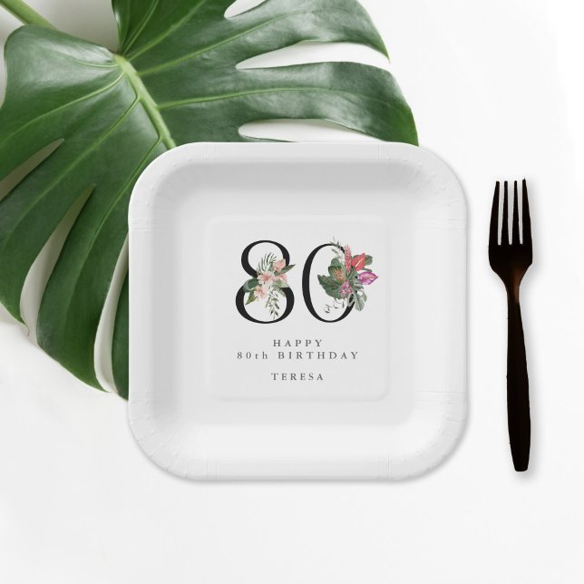 80th Birthday Simple Elegant Tropical Invitation Paper Plate (Creator Uploaded)