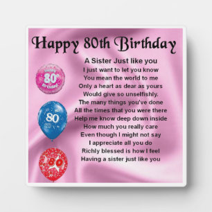 80th  Birthday Sister Poem Plaque