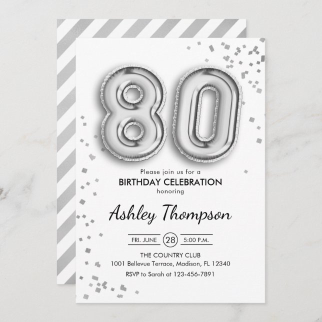 80th Birthday - Slver Balloons Invitation (Front/Back)