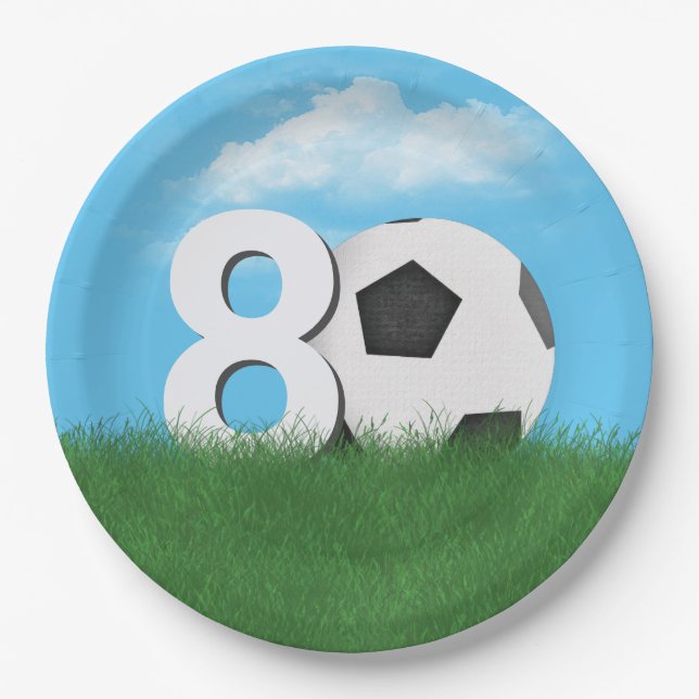 80th Birthday Soccer Ball In Green Grass Paper Plate (Front)