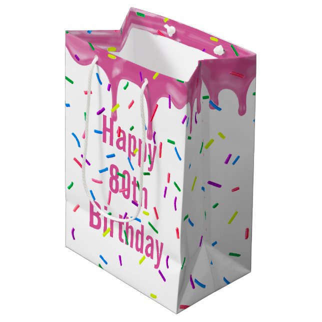 80th Birthday Sprinkles On Pink Icing Medium Gift Bag (Front Angled)