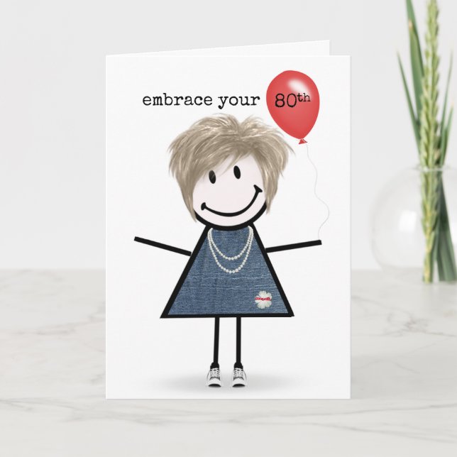 80th Birthday Stick Figure Girl with Red Balloon Card (Front)