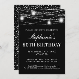 80th Birthday String Lights Jars Black White Invitation