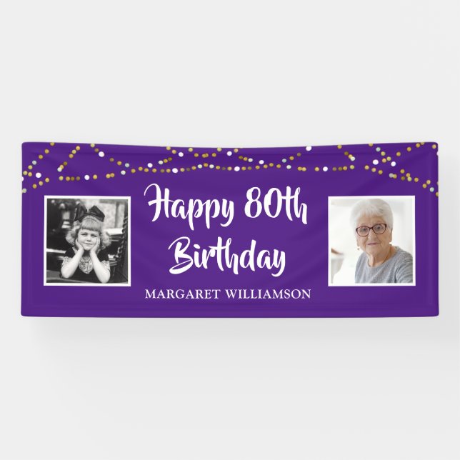 80th Birthday String Lights Photo Name Purple Banner (Horizontal)