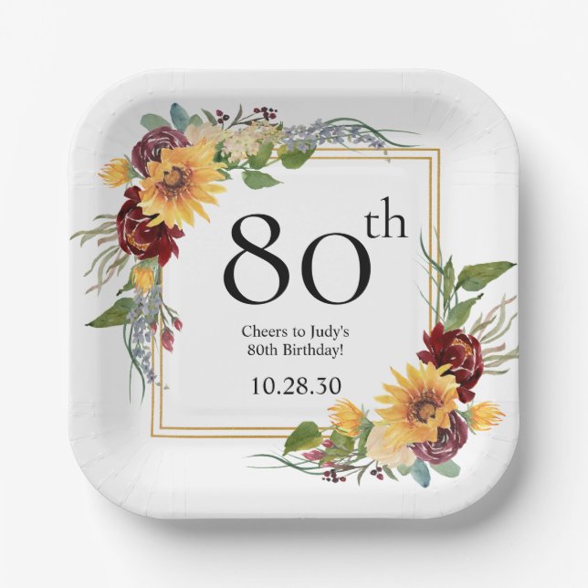 80th Birthday Sunflowers Paper Plate (Front)