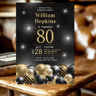 80th Birthday Surprise Party Black Gold Balloons Invitation