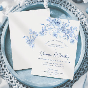 80th Birthday Surprise Party Dusty Blue Floral Invitation