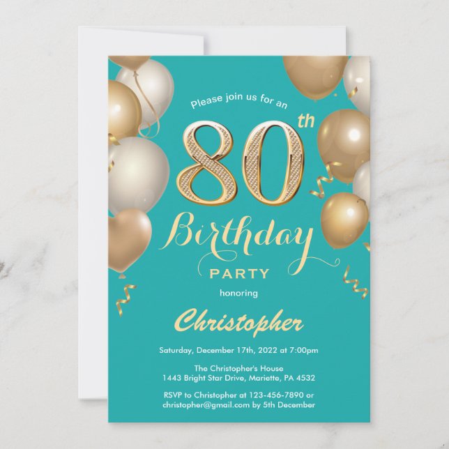 80th Birthday Teal and Gold Balloons Confetti Invitation (Front)