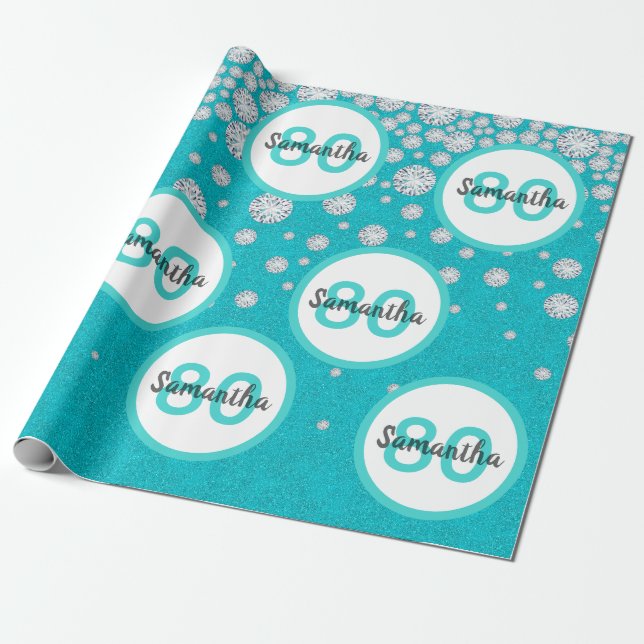 80th birthday teal green glitter diamonds wrapping paper (Unrolled)