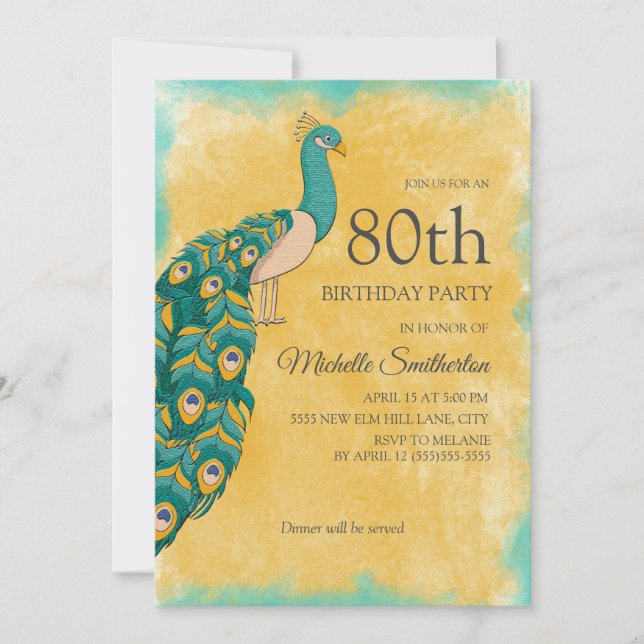 80th Birthday Teal Yellow Watercolor Peacock Invitation (Front)