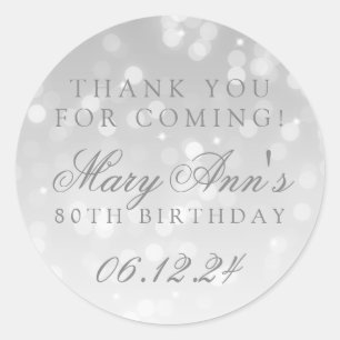 80th Birthday Thank You Silver Bokeh Sparkle Light Classic Round Sticker
