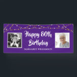 80th Birthday Then & Now Photos Lights Purple Banner<br><div class="desc">Celebrate any age birthday (shown for an 80th) with this custom text and colour (shown in purple) banner sign featuring 2 photos (perhaps THEN and NOW pictures) of the birthday man or woman with a border of gold and white string lights. ASSISTANCE: For help with design modification or personalisation, colour...</div>