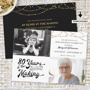 80th Birthday Then & Now Photos String Lights Invi Invitation