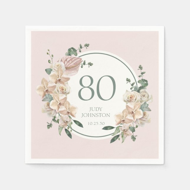 80th Birthday Tropical Floral Napkin (Front)