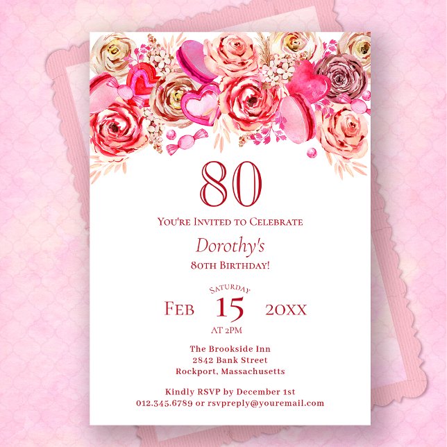 80th Birthday Valentine Pink Rose Swirly Heart Invitation (Creator Uploaded)
