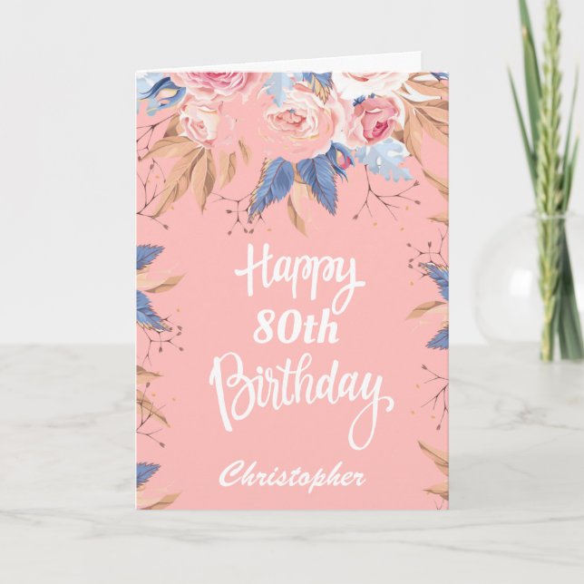 80th Birthday Watercolor Botanical Pink Floral Card (Front)