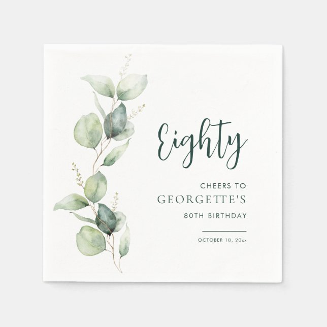 80th Birthday Watercolor Eucalyptus Paper Napkin (Front)