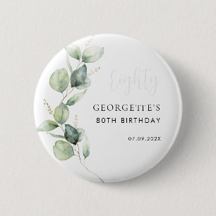 80th Birthday Watercolor Eucalyptus Script 6 Cm Round Badge