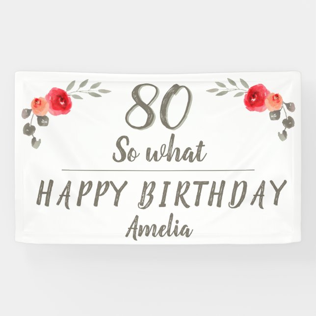 80th Birthday Watercolor Rose Flower Floral Banner (Horizontal)