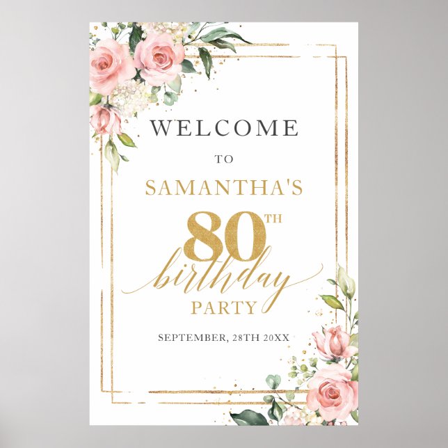 80th birthday welcome sign blush and gold glitter (Front)