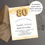 80th birthday white gold glitter invitation<br><div class="desc">For an elegant 80th birthday party.  A chic white background. Decorated with faux gold glitter,  sparkles.  Personalise and add a name,  age and party details. The name is written with a hand lettered style script. Number 80 with balloon style font.</div>