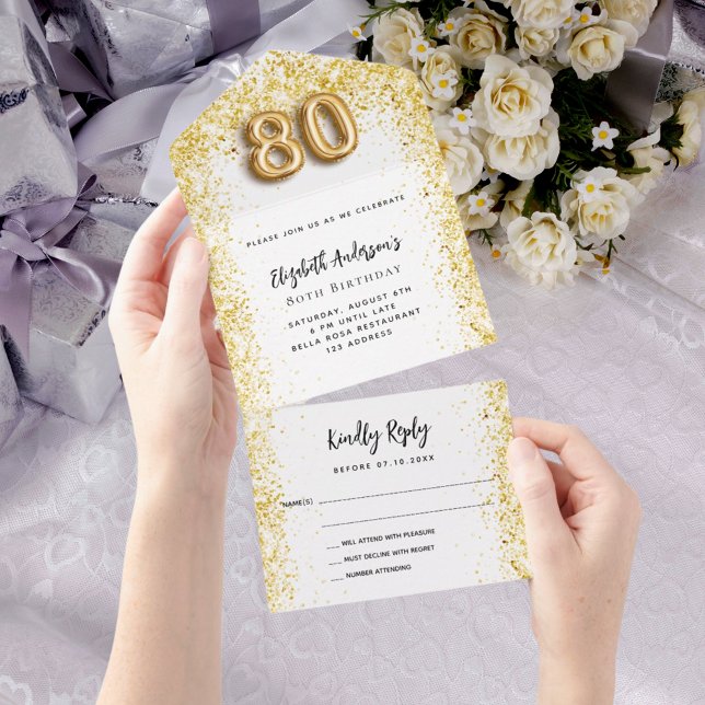 80th birthday white gold party RSVP All In One Invitation (Creator Uploaded)