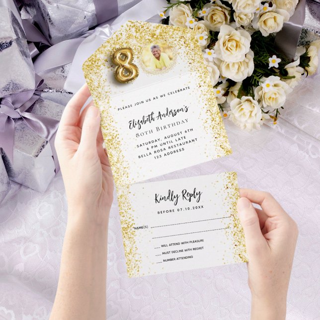 80th birthday white gold photo party RSVP All In One Invitation (Creator Uploaded)