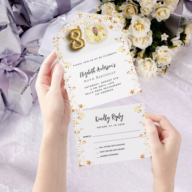 80th birthday white gold stars photo party RSVP All In One Invitation (Creator Uploaded)