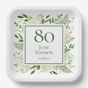80th Birthday White Hydrangeas Paper Plate
