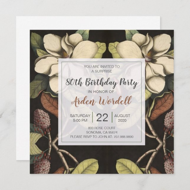 80th Birthday White Magnolias Surprise Party Invitation (Front/Back)