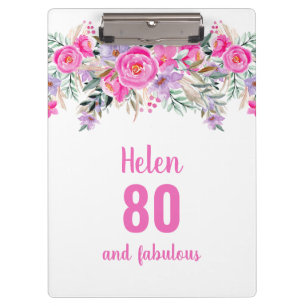 80th birthday white pink floral clipboard
