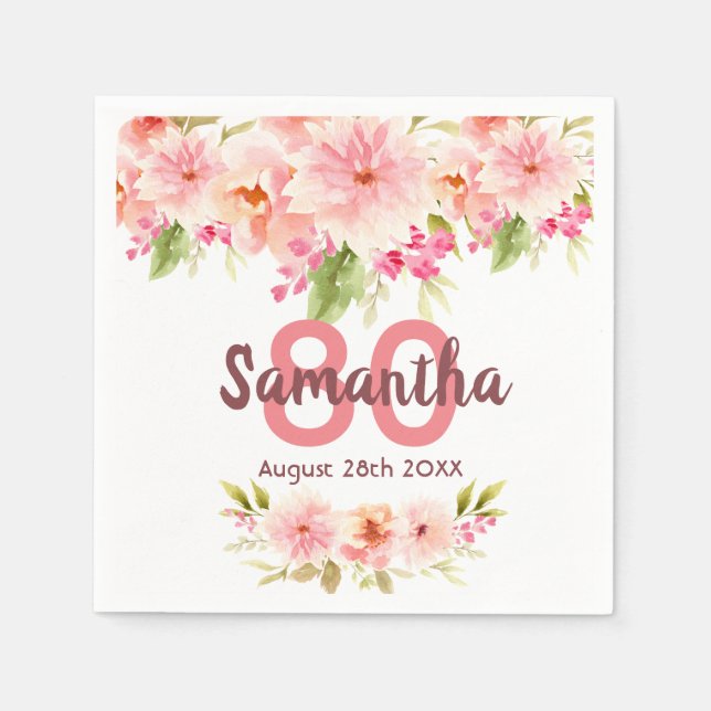 80th birthday white pink florals name napkin (Front)