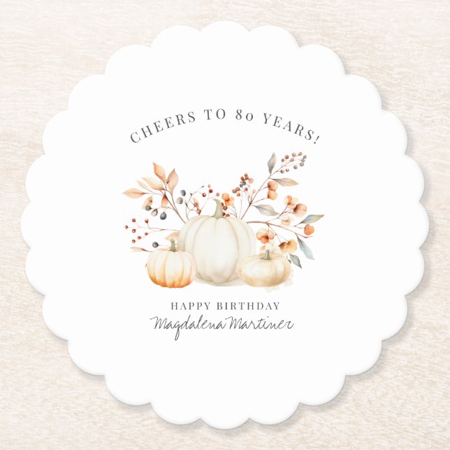 80th Birthday White Pumpkin Fall Leaves Custom Paper Coaster (Front)